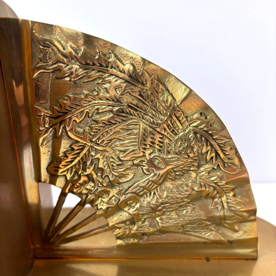 Sujetalibros MCM de colección de latón macizo abanico dragón fénix decoración asiática del viejo mundo Foto 2 de 4