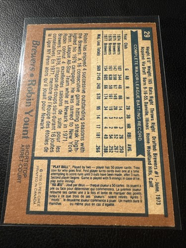 1978 O PEE CHEE BASEBALL #29 Robin Yount Milwaukee Brewers HOF schön - Bild 2 von 2