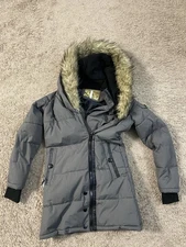 Celsius Premium Jacket Womens Medium Gray Parka Faux Fur Hood Puffer Asym Zip