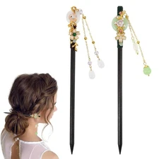 2 Pcs Japanese Chinese Hair Stick, Wood Flower Hairs black,green,gold 