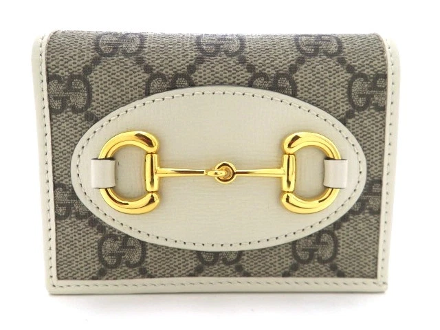 Portefeuille porte cartes GUCCI Horsebit 1955 beige cuir blanc GG toile suprême #123