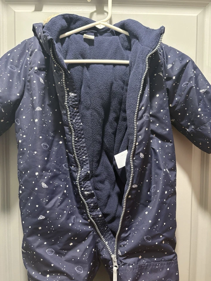 Traje de Nieve H&M Bebé 12-18M Azul Marino Estampado Espacial Forrado de Vellón Bunting Excelente Estado Foto 4 de 4