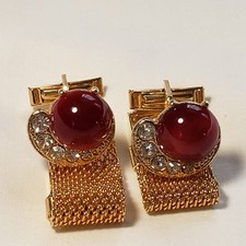 Vintage Gold Tone Mesh Cufflinks Red Glass Cabochon Clear Rhinestone Art Deco