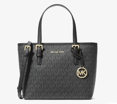 NWT Michael Kors Jet Set Black Signature XS Carryall Top Zip Tote Bag Purse