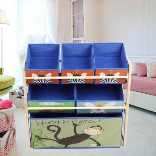 Wooden Kids Children Toy Storage Rack shelf with 6 Bags tidy Organizer Playroom - Picture 7 of 17