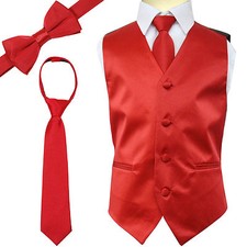 New Kid's Brand Boy's Tuxedo Vest Zipper Neck Tie  Bowtie 3 in 1 Set Red