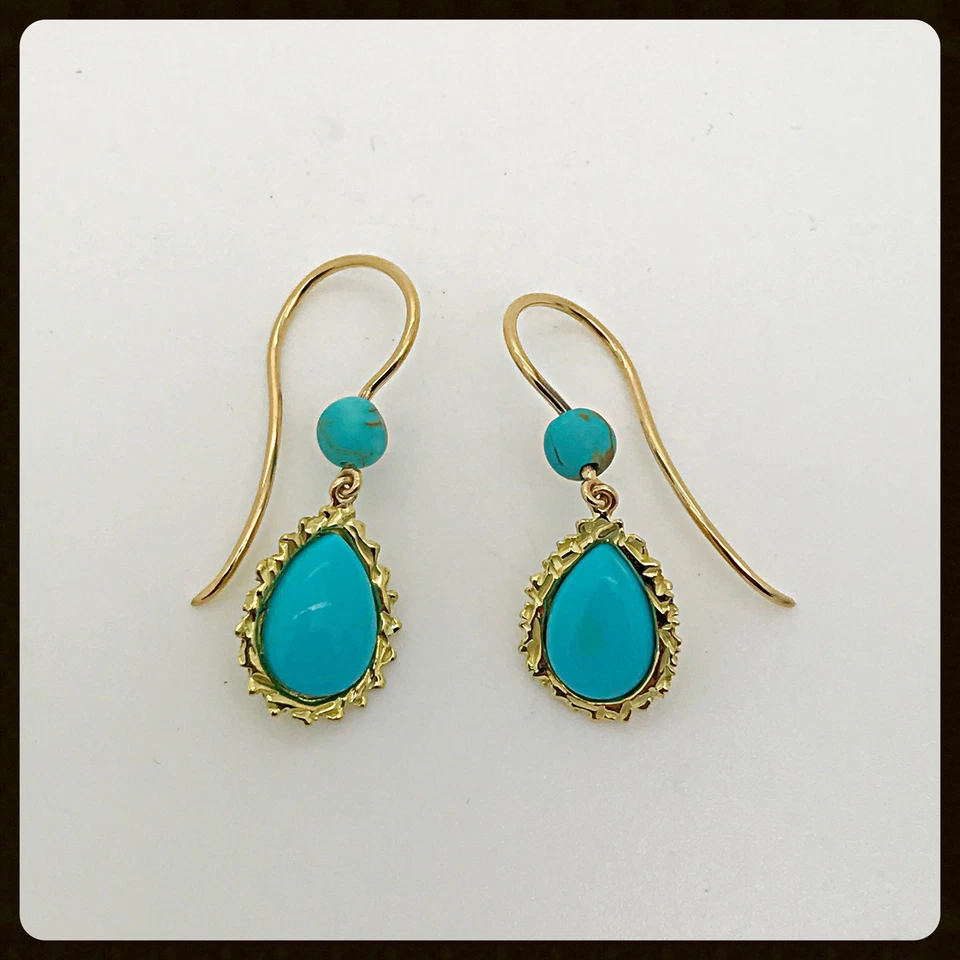 Pendientes Boho Turquesa Natural Oro Amarillo 18k RAW Hechos a Mano Foto 2 de 4