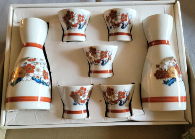 Vintage Japanese Sake Set 2 Cruets 5 Cups Signed Pottery Saki