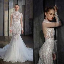 Luxury High Neck Mermaid Wedding Dress Sulfur Sleeves Lace Applique Bridal Gowns