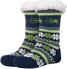 FOCO NFL Seattle Seahawks Fair Isle Footy Slippers Non-Skid Bottom