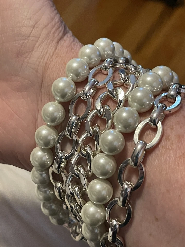 Pulsera Ralph Lauren Eslabones Multi-Hebra Tono Plata Cadena Perlas Simuladas RLL Foto 2 de 4