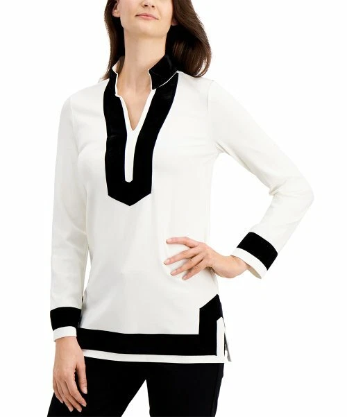 Charter Club White & Black Contrast-Trim V-Neck Tunic