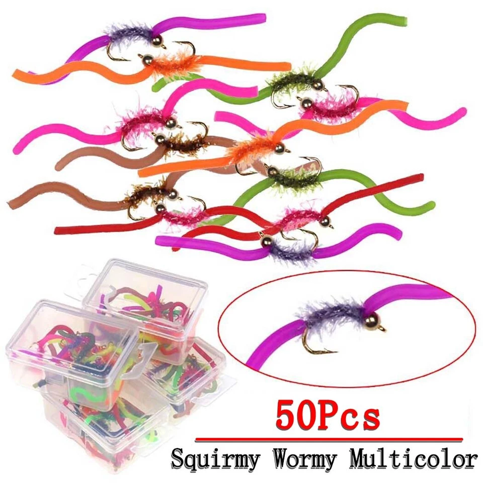 50 Stück Messing Perlen Kopf Squirmy Wormy Fliegen Forelle Angelköder Nymphe Wurm Köder