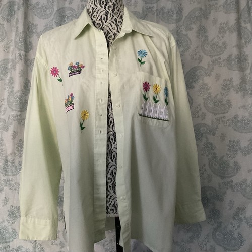 MILI designs Womens Blouse Size L Rhinestones Green Check Flowers Cotton Blend - Picture 7 of 8