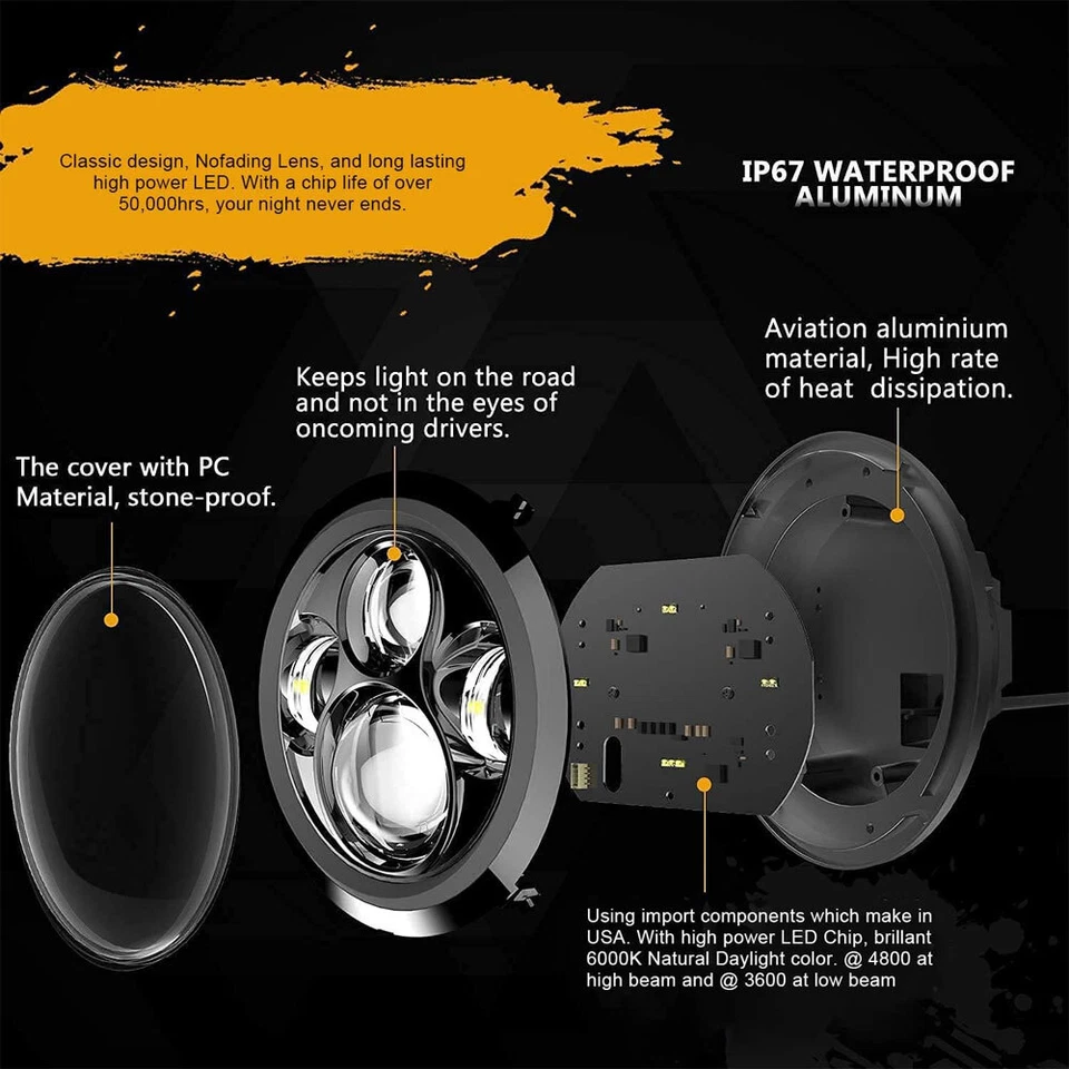 Par de faros LED redondos de 7 pulgadas H4 haz alto/bajo para Ford Mustang 1965-1973 Foto 4 de 4