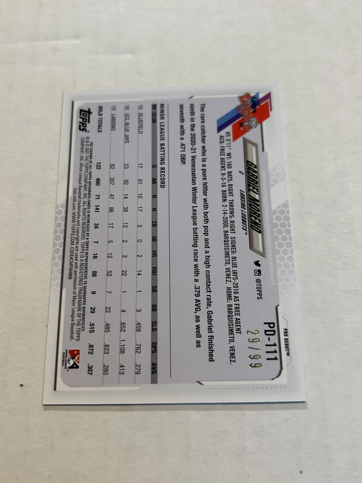 2021 TOPPS PRO DEBUT GABRIEL MORENO 29/99 GREEN AUTO BLUE JAYS SP - Image 2 of 2