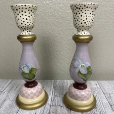 Pair Of Floral Hand-painted Taper Candle Holders L.Saile 1997 Cottagecore Decor