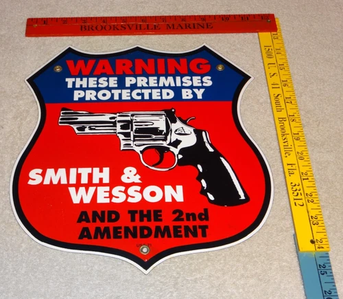 VINTAGE 1971 SMITH & WESSON FIREARMS 11 3/4" PORCELAIN METAL GAS GUN BULLET SIGN