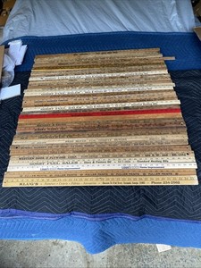 LOT OF 33 ANTIQUE VINTAGE WOOD YARD STICKS ADVERTISING RULER SEATTLE TACOMA…..