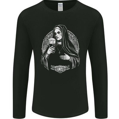 Evil Nun Bier Trinkend Horror Halloween Herren Langarmshirt