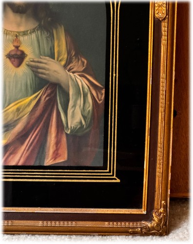 Antique 1920s Art Deco Reverse Painted Sacred Heart Of Jesus Framed Print 14x18 - Picture 6 of 8