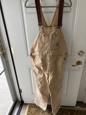 Carhartt Bib Overalls Tan Double Knee Vintage made USA Sz38x28 Duck Canvas Used