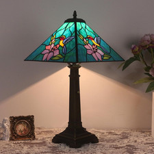 Tiffany Style Vintage Hummingbird Stained Glass Table Lamp Bronze Resin Base