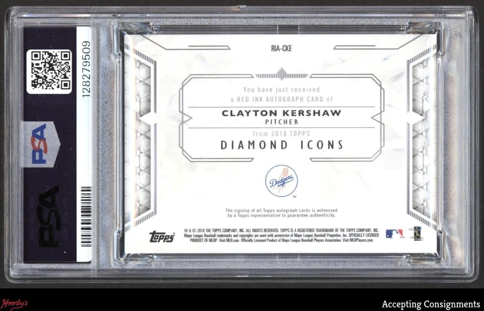 2018 Topps Diamond Icons Red Ink Clayton Kershaw ON CARD AUTO 04/25 PSA 10 GEM - Image 2 of 2