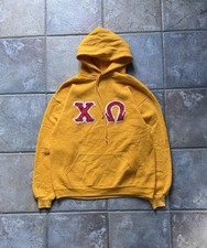 1980s Russell Athletic Yellow Chi Omega Chenille Print Hoodie Made In USA Large