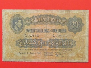 BILLETE COLECCIONABLE DE 20 CHELINES DE ÁFRICA ORIENTAL BRITÁNICO (1942 RARO ESCASO)