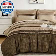 7 Pieces Comforter Set King Size, Brown Striped Bed in a Bag Comforter and Sheet