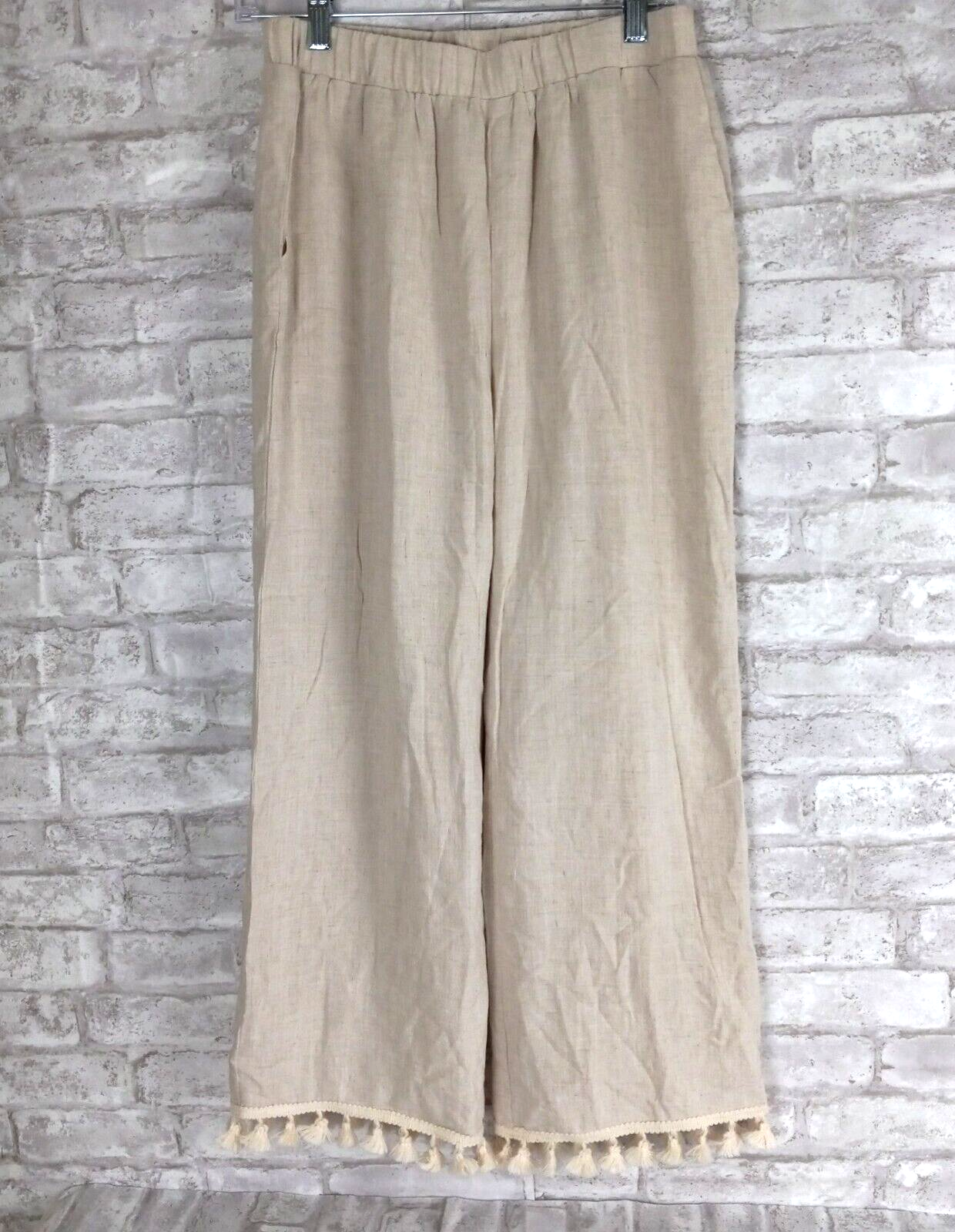 Lulus Linen Blend Fringe Wide Leg Pants Medium Tan Beachy Coastal Lagenlook Boho