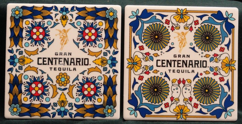 TWO different GRAN CENTENARIO TEQUILA Colorful TILE COASTERS Cork Bottom NEW