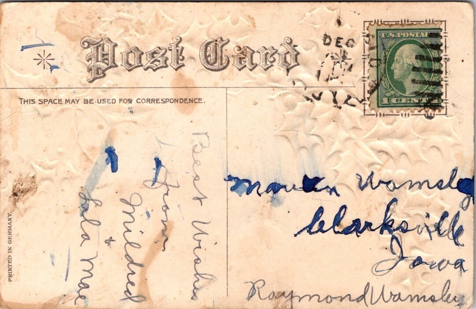 Antique Happy Christmas Postcard Victorian Girl Holding Puppies in