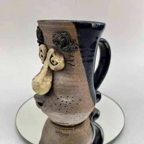 ONE Vintage McGillivray Art Studio Pottery Mug Funny Ugly Face Hand Made Blue 5”