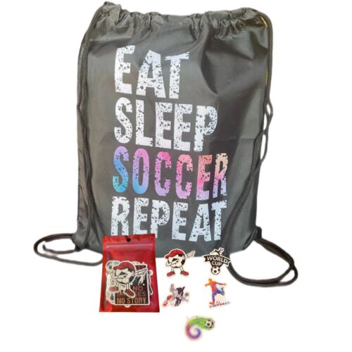 Soccer Lover’s Drawstring Tote Bag Eat Sleep Soccer 17 X 13 “ with 25 Stickers - Picture 1 of 11