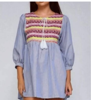 velzera embroidered tunic dress VINTAGE Greek Style Embroidered Tunic VELZERA. off White, Puff Sleeves, Long Tassels