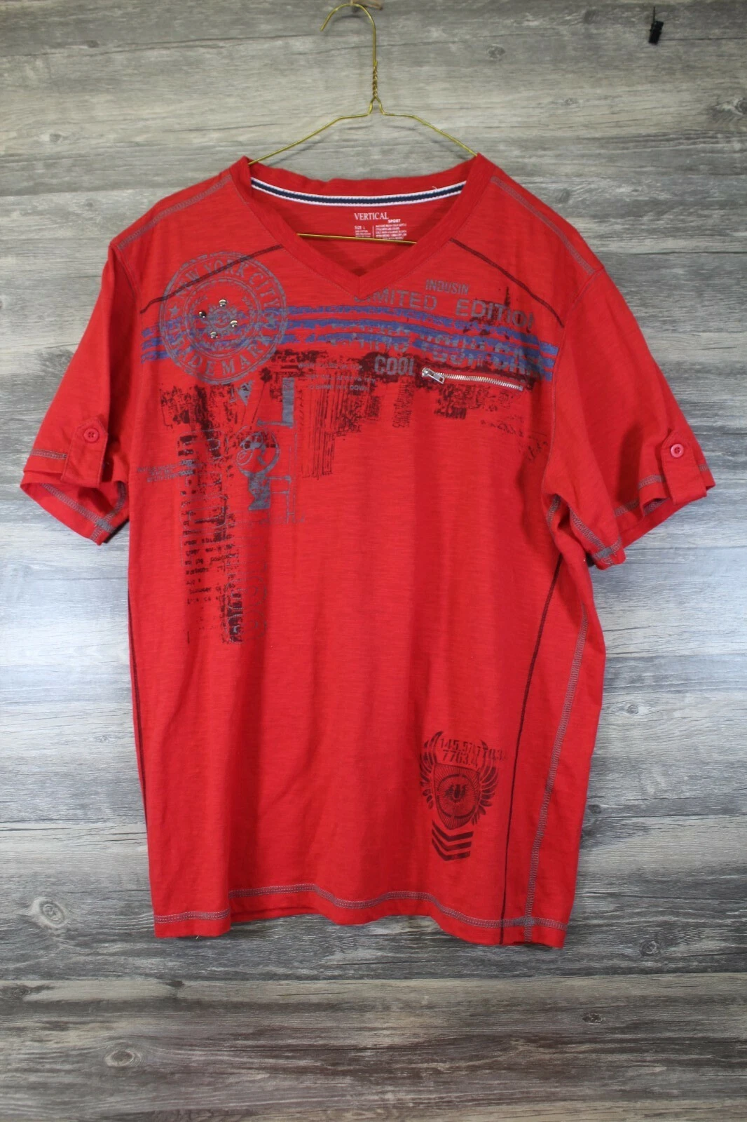 Vertical Sport New York City NYC Short Sleeve Red V Neck Tee T-Shirt L