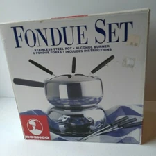 Roshco Fondue Set Stainless Steel Pot 6 Fondue Forks Alcohol Burner New
