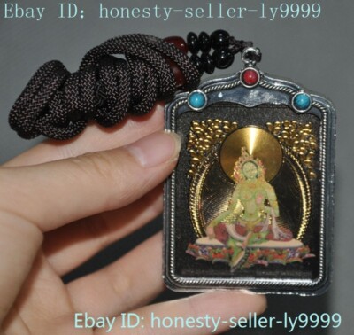 China Tibetan silver Inlay gem Green Tara Kwan-Yin statue thangka amulet  Pendant