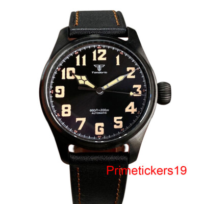 Tandorio Black PVD 39mm NH35A PT5000 Men Automatic Pilot Watch Big Crown 20Bar
