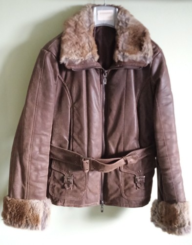 Giacca imbottita in pelle marrone con risvolti in vera pelliccia donna Tg.42 - Foto 2 di 11