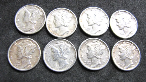 8-  AU/UNC Mercury Silver Dimes - out of roll 1936/37/39/40/41/42/43/44/  All Ps
