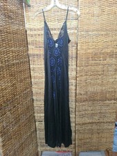 Black Satin Nightgown Women's M VTG Blue Lace Long Full Sweep Boutique USA