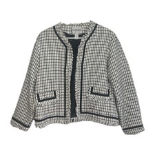 Chico's White Black Check Boucle Women's Open Front Blazer, size 2, fringe