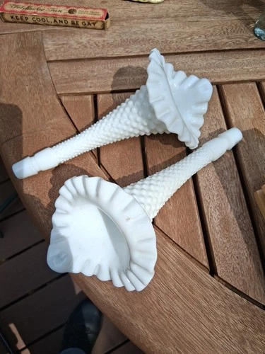 2 Vintage Fenton Milk Glass 8" Replacement Epergne Horns, Ruffled Hobnail Design