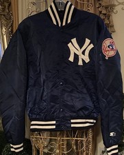 Vtg NY Yankees Starter Bomber Jacket 80s 90s Blue Satin Quilted Lining Size M