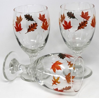 3 Vintage Libbey Autumn Fall Leaves Water Wine Goblet Glasses 14oz Thanksgiving