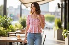 Blusa Coqueta Lulus Rojo Cuadros Peplum XS Cottagecore Manga Abullonada Lechera