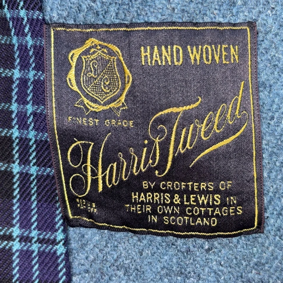 VINTAGE Harris Tweed Long Coat Blue 1950s Plaid Handwoven Scotland Len-Craft 12 - Image 3 of 4